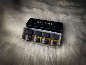 Ritual Aromatics Botanical Perfume Samples in a Black Box on White Rabbit Fur