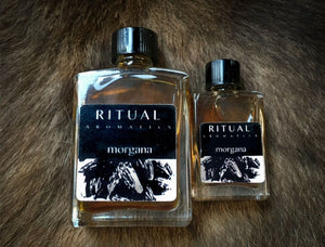 Ritual Aromatics Morgana Natural Perfume 5ml and 15ml bottles on light brown fur.
